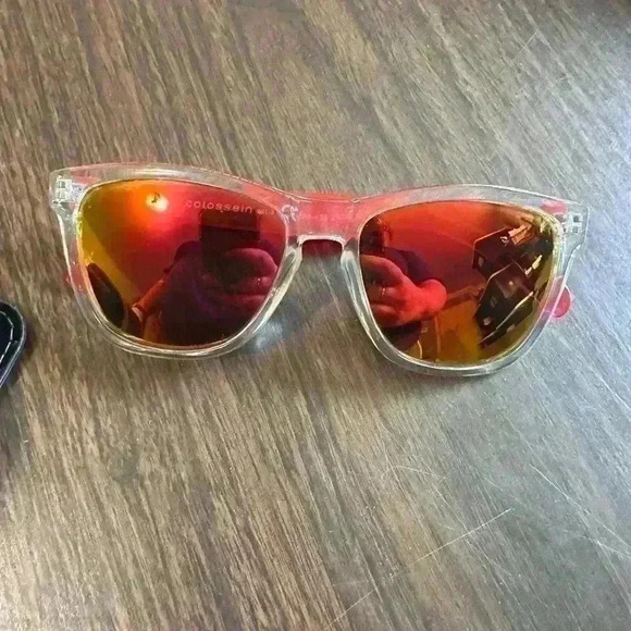Colossein Sunglasses. Clear Face. Pink Arms And Pink Reflective Lenses. Case - Picture 1 of 10